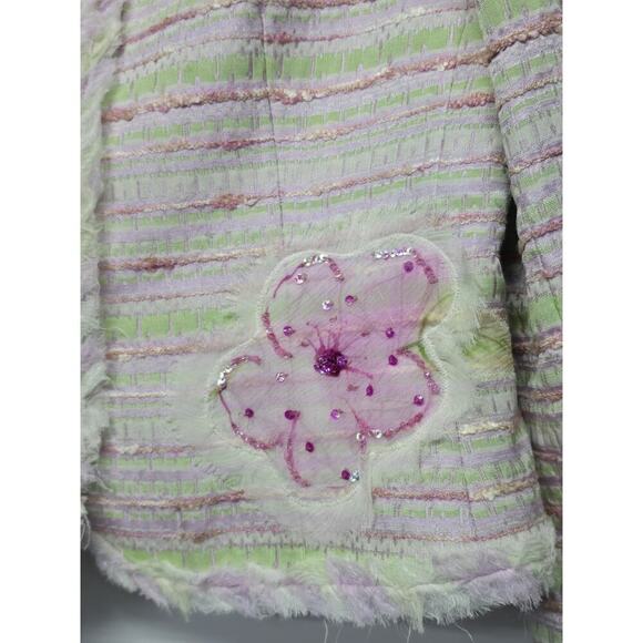 Rickie Freeman Teri Jon Pretty Pink Green White Stripes Frayed Hem Beaded Size12 - Picture 3 of 8